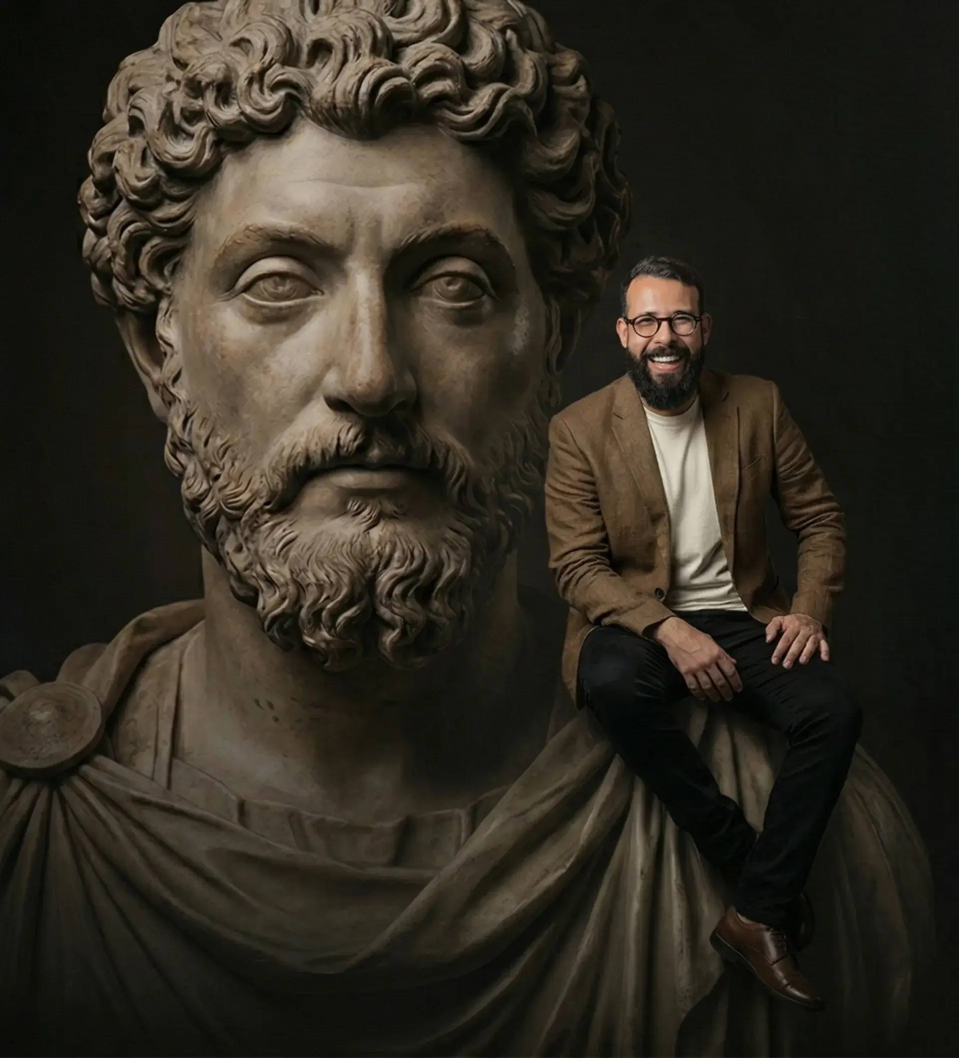 Close-up of a weathered white marble Roman statue of Marcus Aurelius with dramatic shadows and golden ambient lighting
